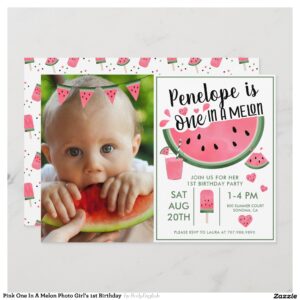 Pink One In A Melon Photo Girl's 1st Birthday Invitation