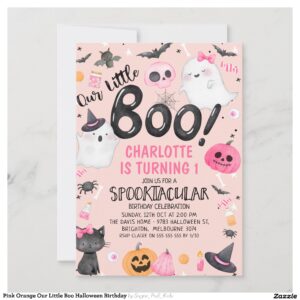 Pink Orange Our Little Boo Halloween Birthday Invitation