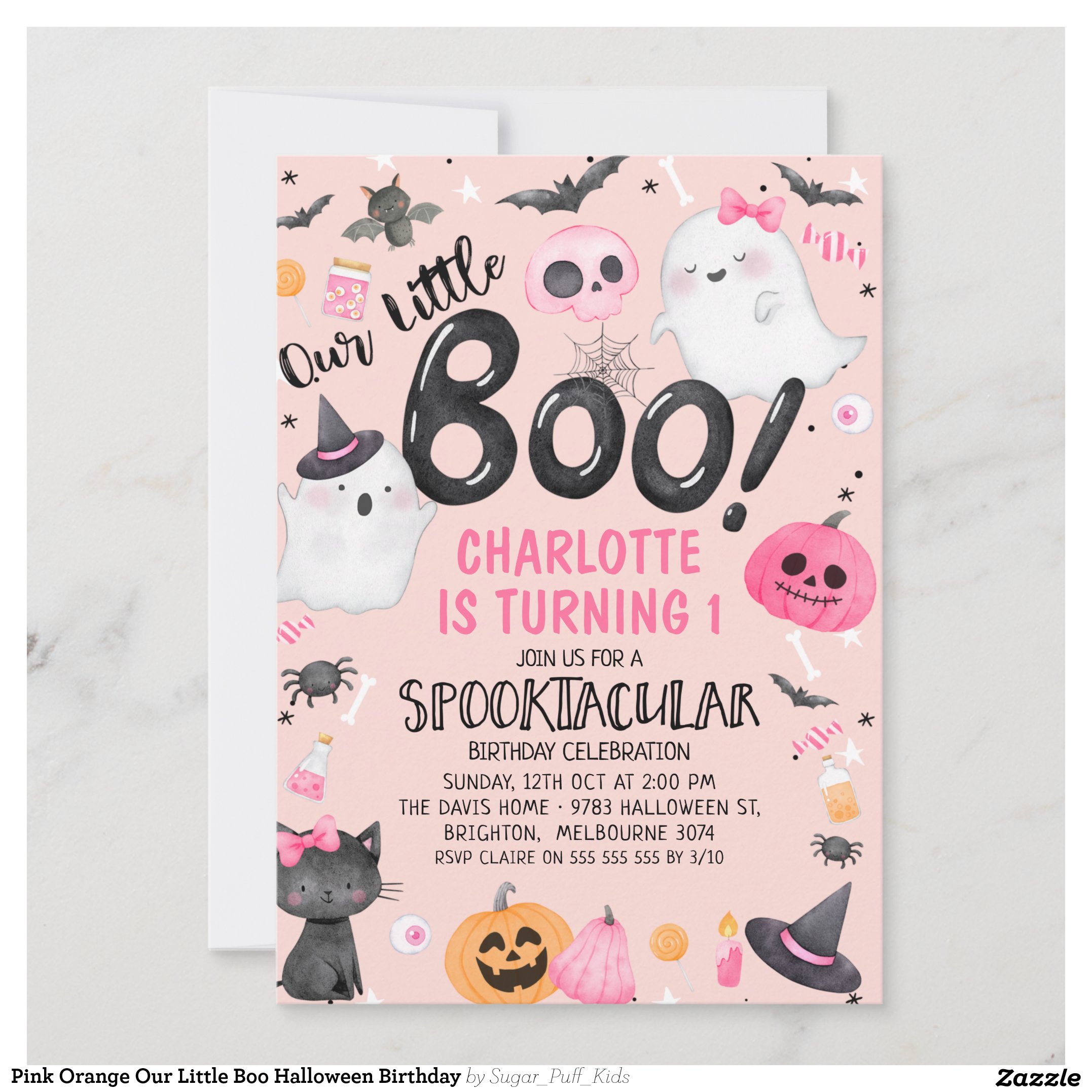 Pink Orange Our Little Boo Halloween Birthday Invitation