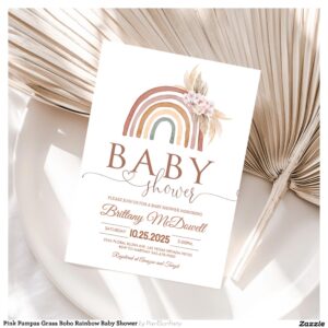 Pink Pampas Grass Boho Rainbow Baby Shower Invitation