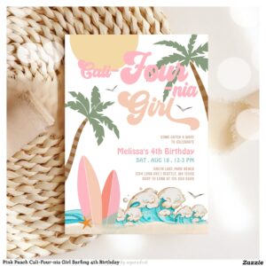 Pink Peach Cali-Four-nia Girl Surfing 4th Birthday Invitation