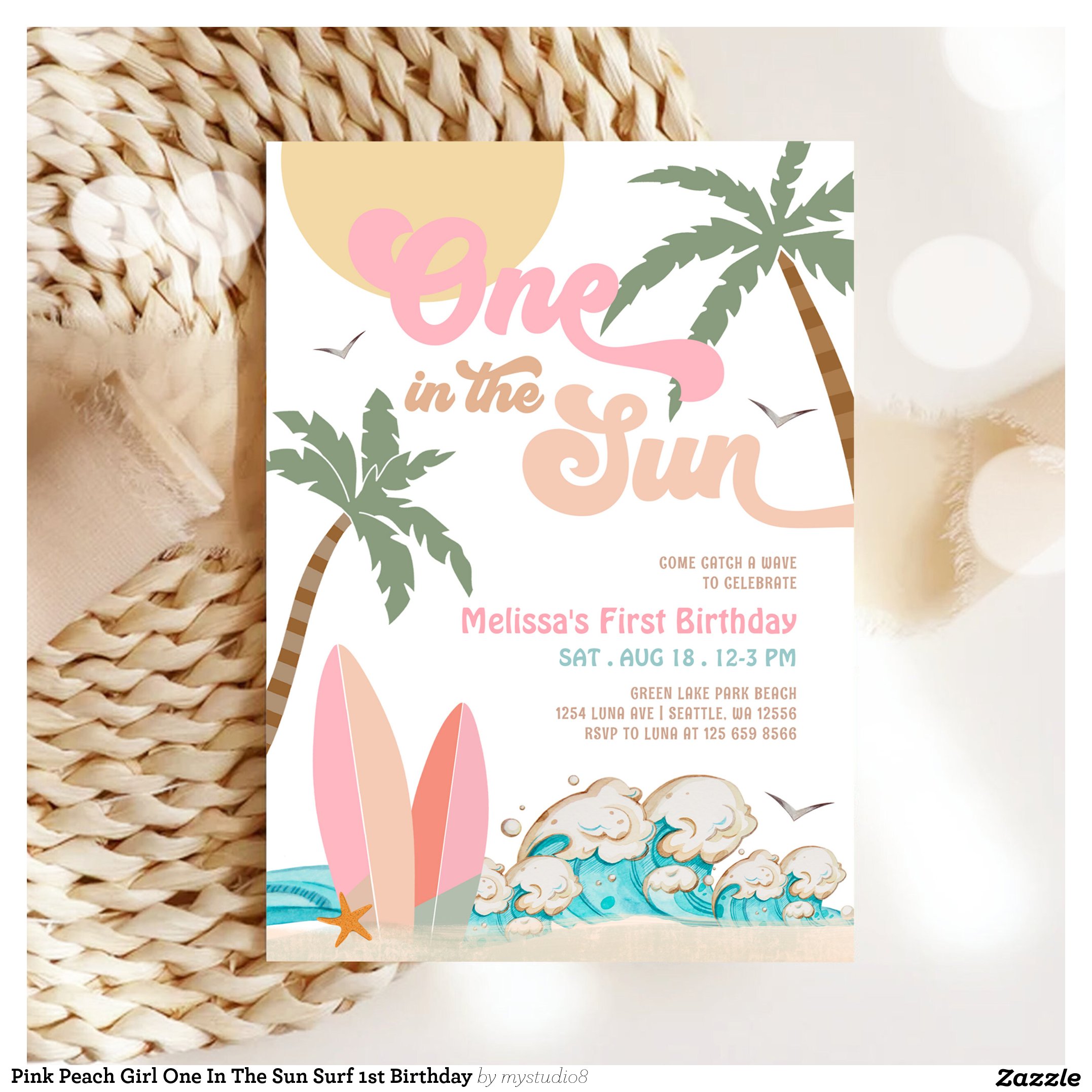 Pink Peach Girl One In The Sun Surf 1st Birthday Invitation