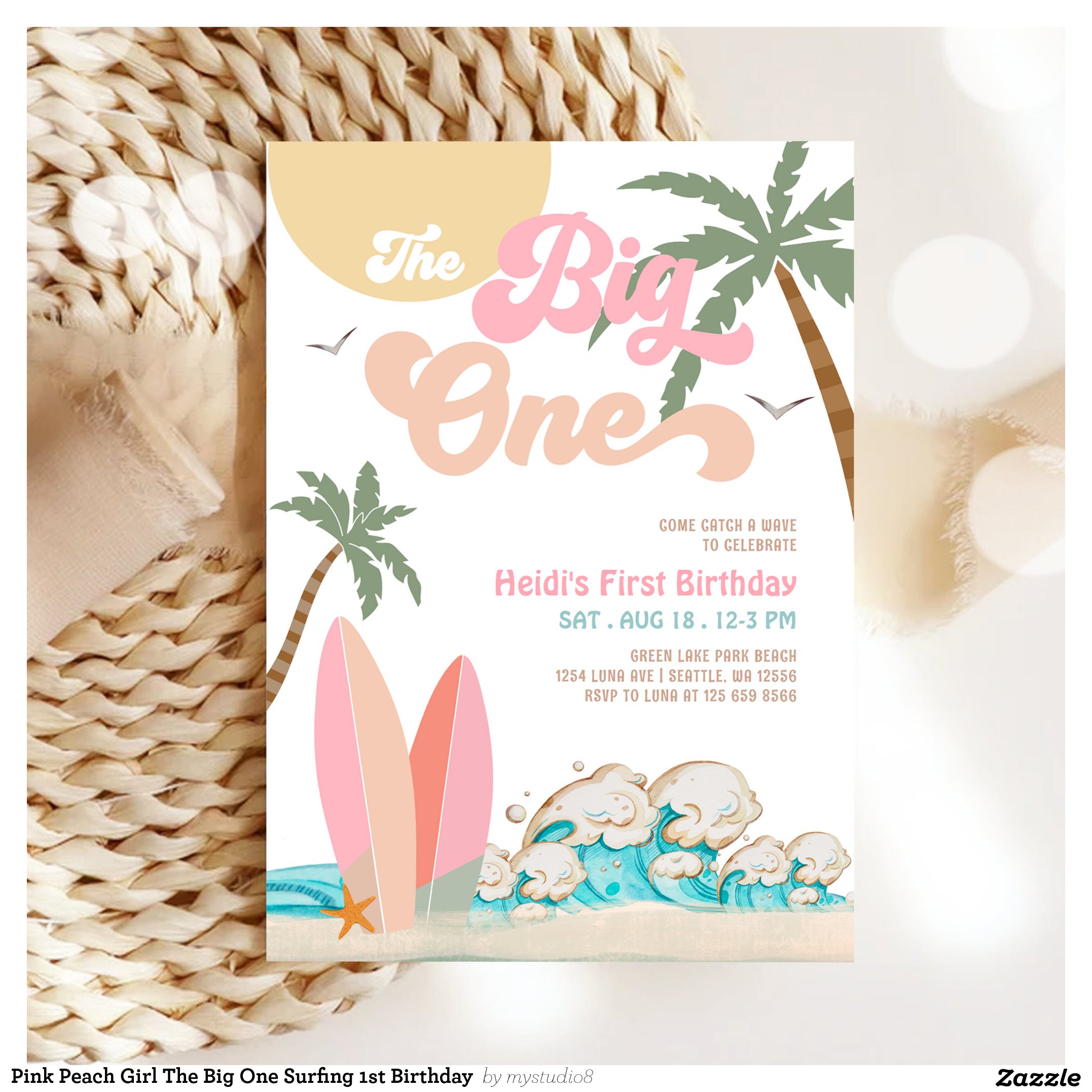 Pink Peach Girl The Big One Surfing 1st Birthday Invitation