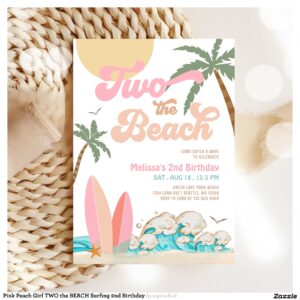 Pink Peach Girl TWO the BEACH Surfing 2nd Birthday Invitation