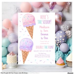 Pink Purple Girl Ice Cream Joint Birthday Invitation