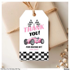 Pink Race Car Birthday Gift Tag