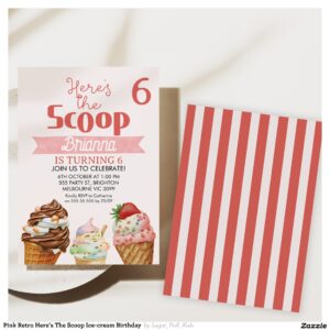 Pink Retro Here's The Scoop Ice-cream Birthday Invitation
