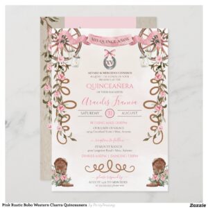 Pink Rustic Boho Western Charra Quinceanera Invitation