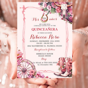 Pink Rustic Boho Western Charra Theme Quinceanera Invitation