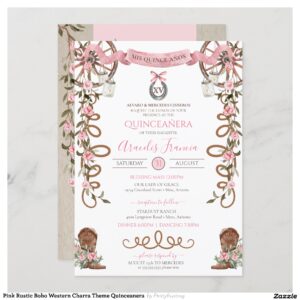 Pink Rustic Boho Western Charra Theme Quinceanera Invitation