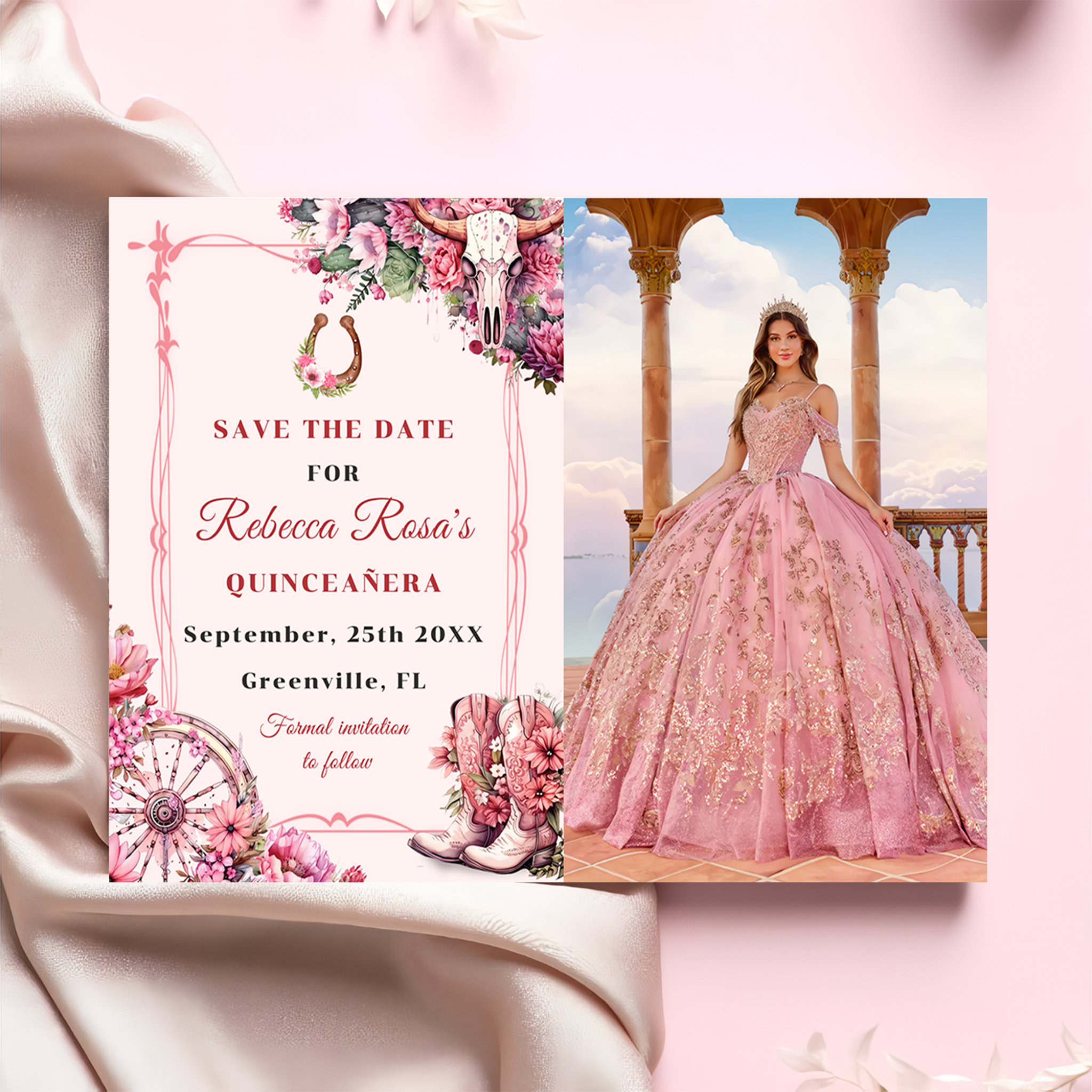 Pink Rustic Boho Western Charra Theme Quinceanera Save The Date