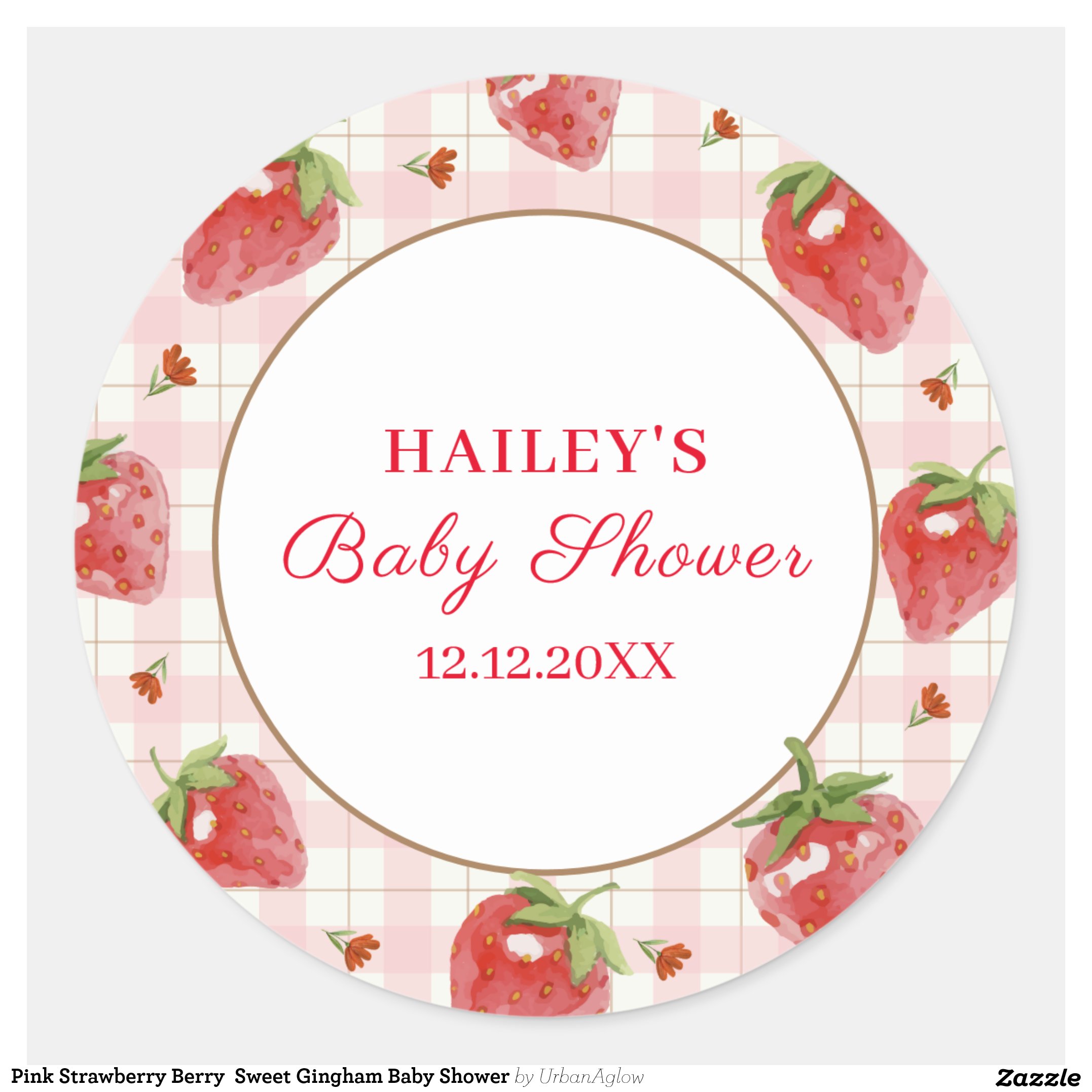 Pink Strawberry Berry Sweet Gingham Baby Shower Classic Round Sticker