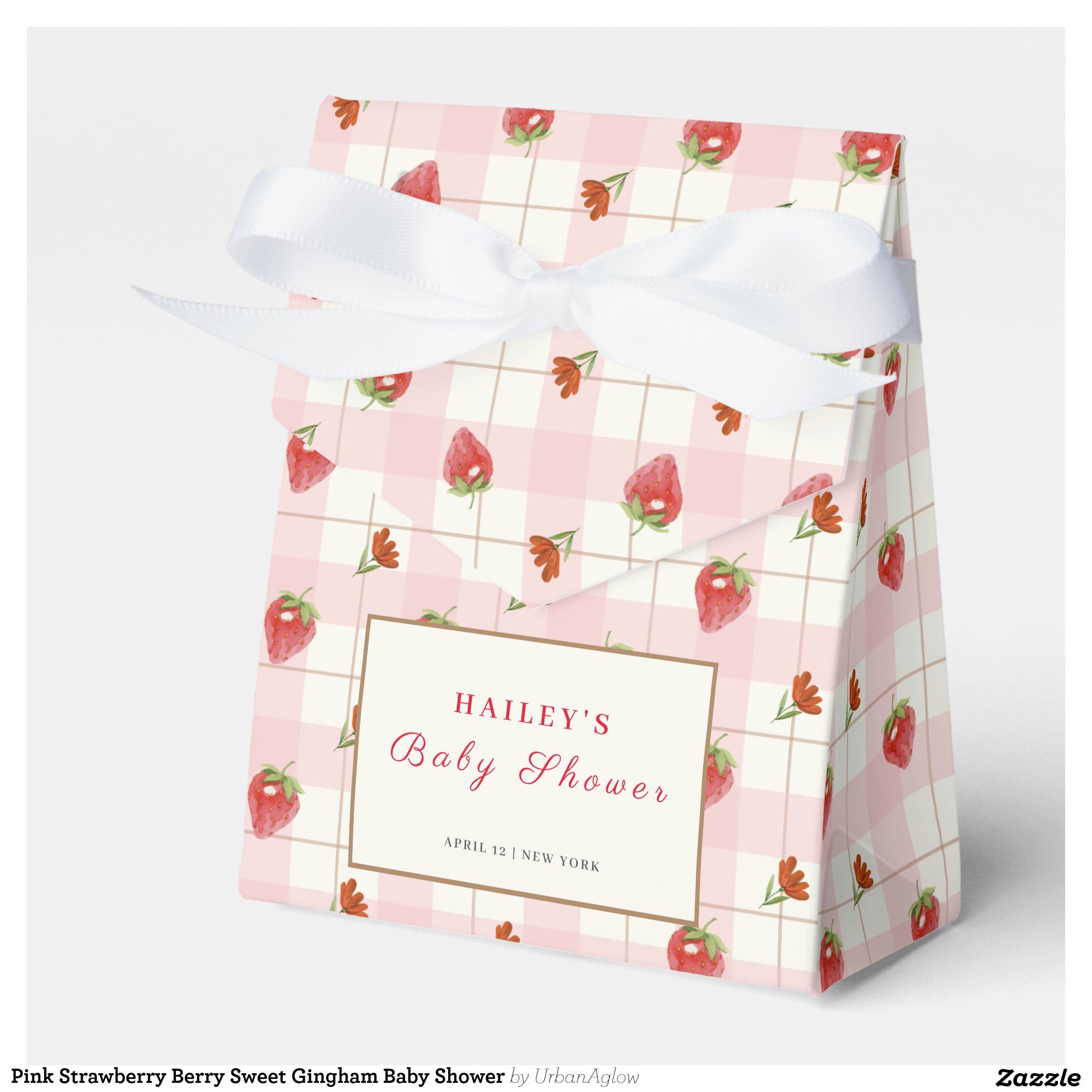Pink Strawberry Berry Sweet Gingham Baby Shower Favor Boxes