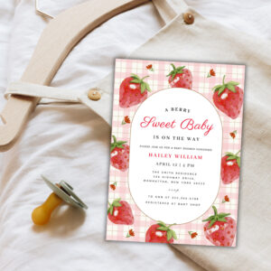 Pink Strawberry Berry Sweet Gingham Baby Shower Invitation