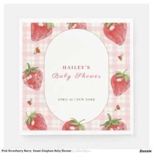 Pink Strawberry Berry Sweet Gingham Baby Shower Napkins