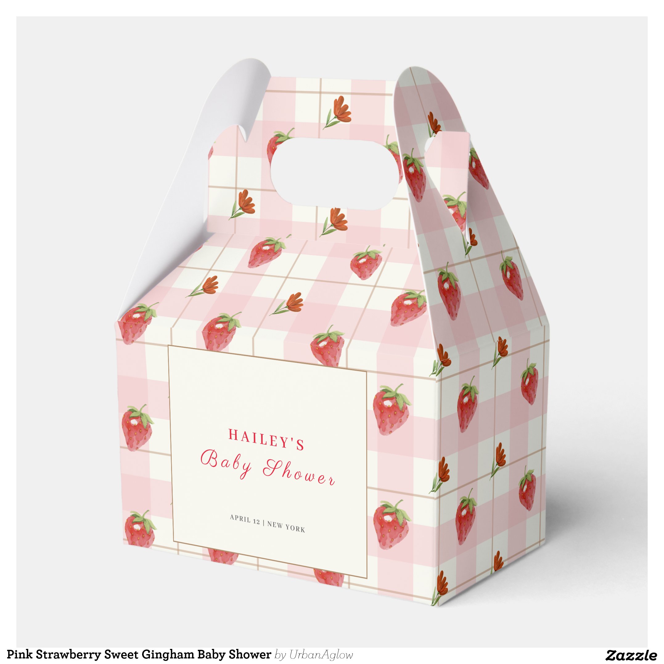 Pink Strawberry Sweet Gingham Baby Shower Favor Boxes