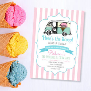 Pink Stripes Here's the Scoop Ice Cream Birthday Invitation