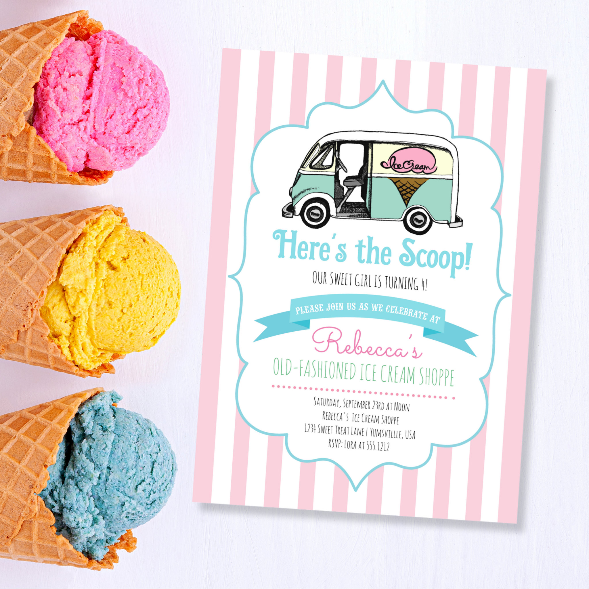 Pink Stripes Here's the Scoop Ice Cream Birthday Invitation