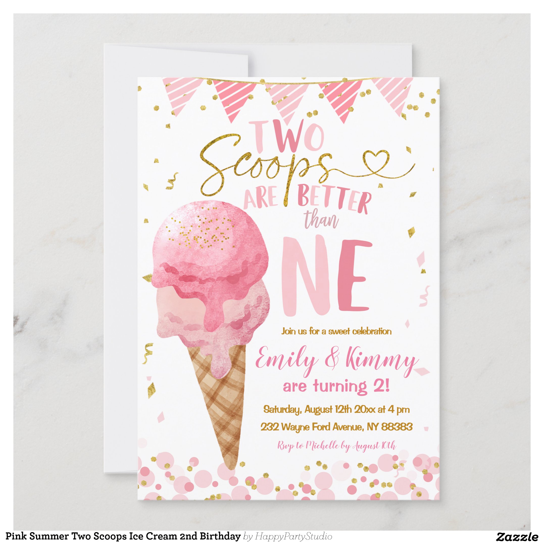 Pink Summer Two Scoops Ice Cream 2nd Birthday Invitation