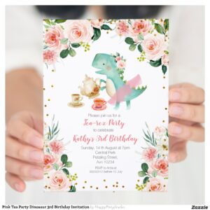 Pink Tea Party Dinosaur 3rd Birthday Invitation