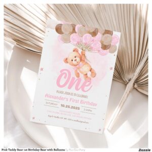 Pink Teddy Bear 1st Birthday Bear with Balloons Invitation