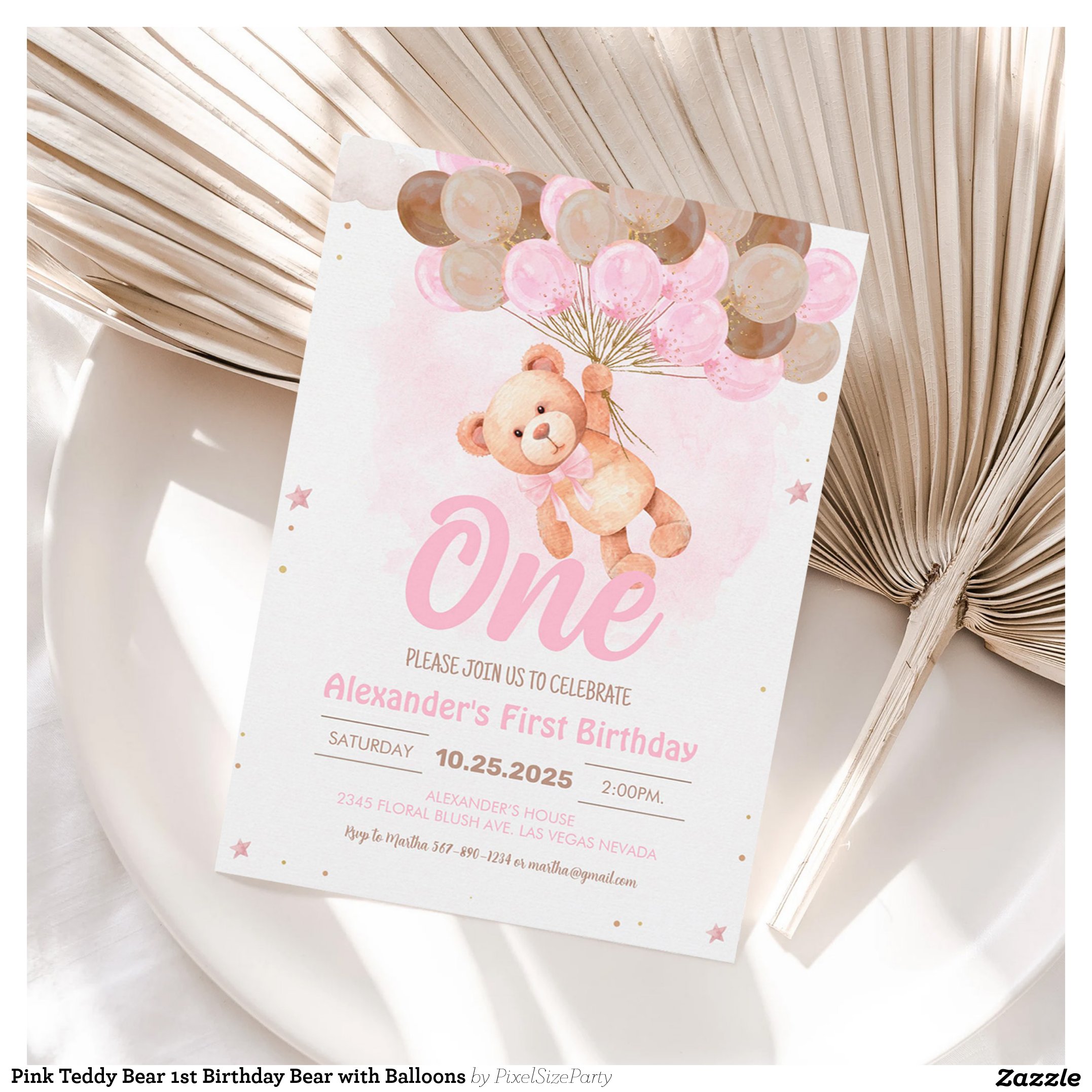 Pink Teddy Bear 1st Birthday Bear with Balloons Invitation
