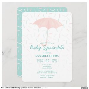 Pink Umbrella Mint Baby Sprinkle Shower Invitation
