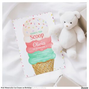 Pink Watercolor Ice Cream 1st Birthday Invitation