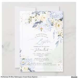 PixDezines H2 Blue Hydrangeas Cream Roses Baptism Invitation