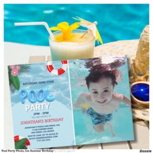Pool Party Photo, fun Summer Birthday Invitation
