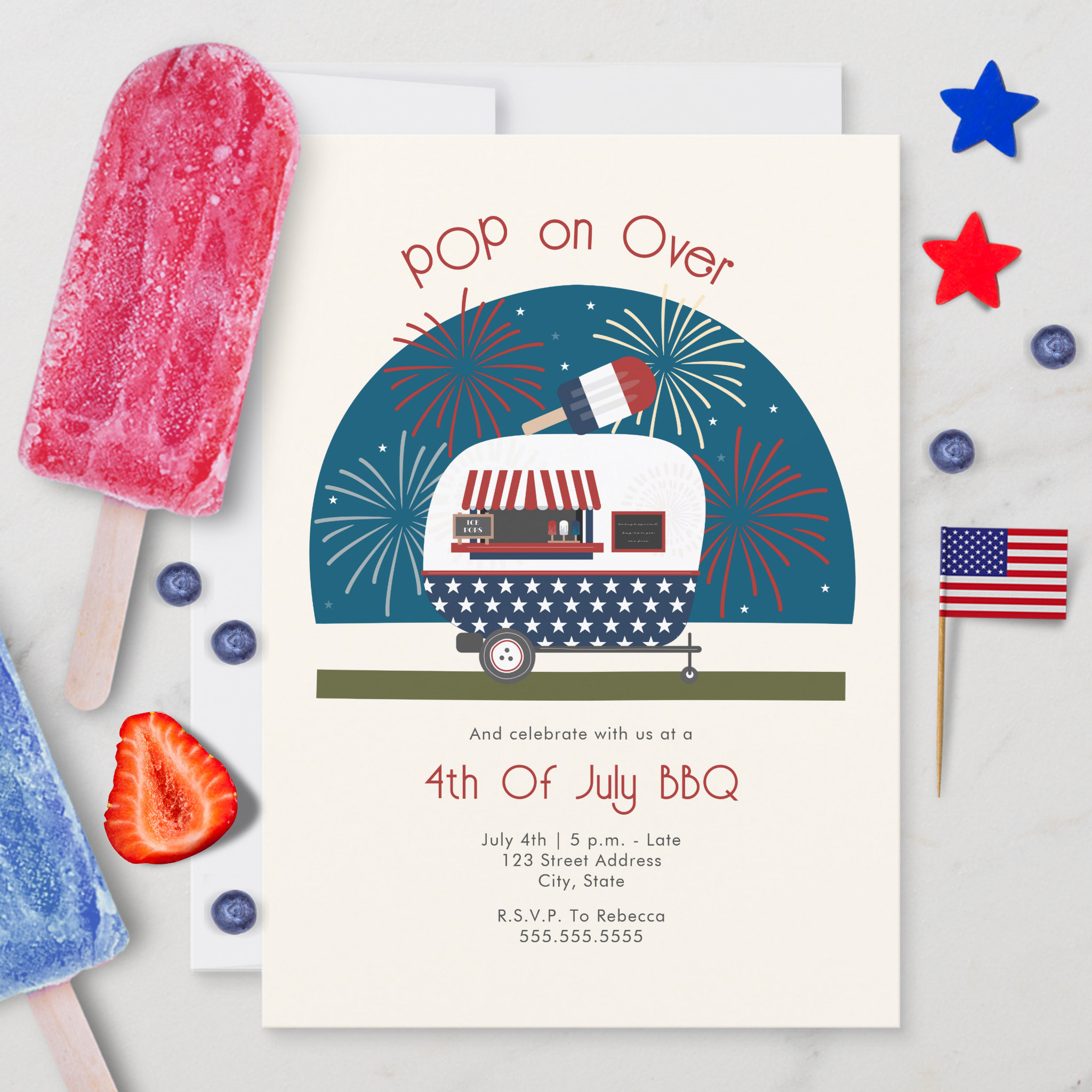 Pop On Over Patriotic Camper 4th Of July BBQ Invitation