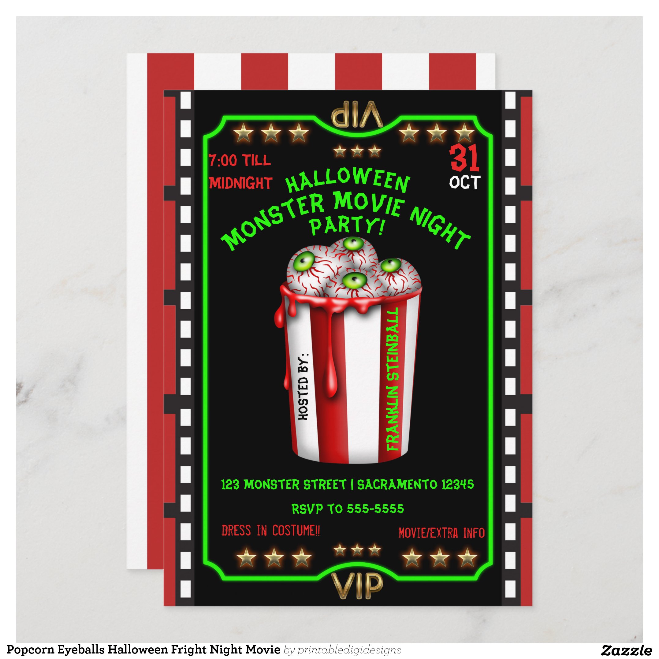 Popcorn Eyeballs Halloween Fright Night Movie Invitation