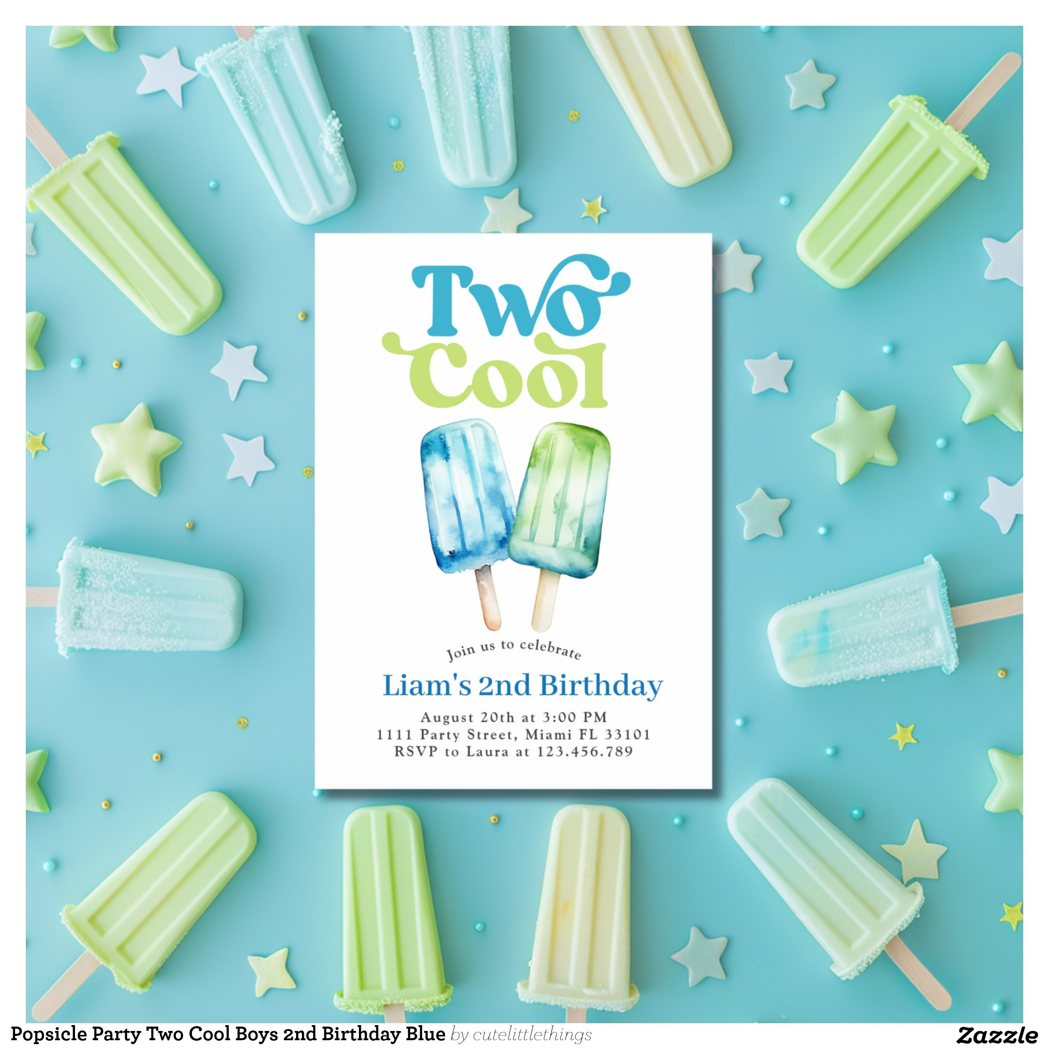 Popsicle Party Two Cool Boys 2nd Birthday Blue Invitation