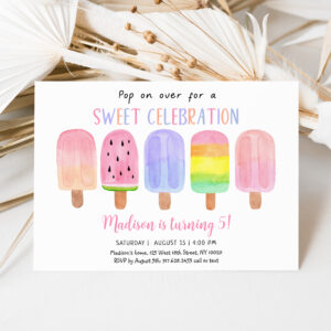 Popsicle Pop on Over Pink Girl Birthday Invitation