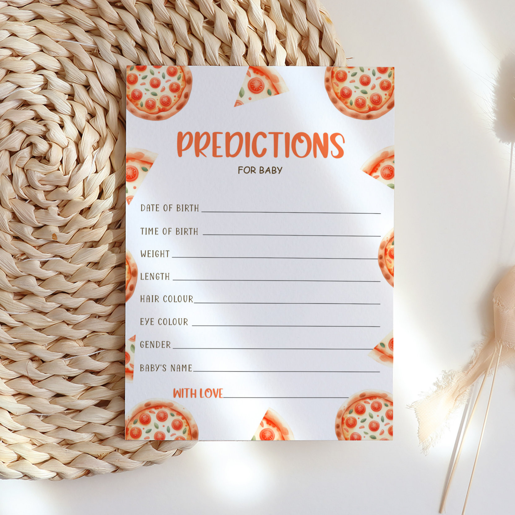 Predictions For Baby Card, Pizza Baby Shower Card