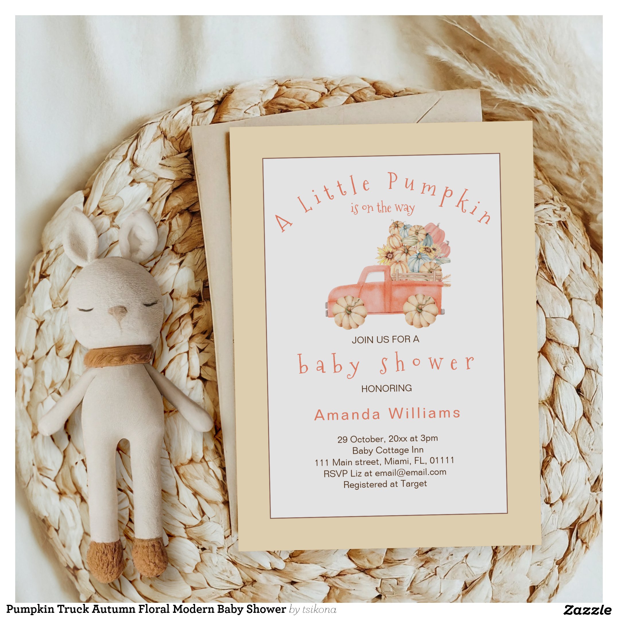 Pumpkin Truck Autumn Floral Modern Baby Shower Invitation