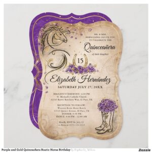 Purple and Gold Quincea?era Rustic Horse Birthday Invitation