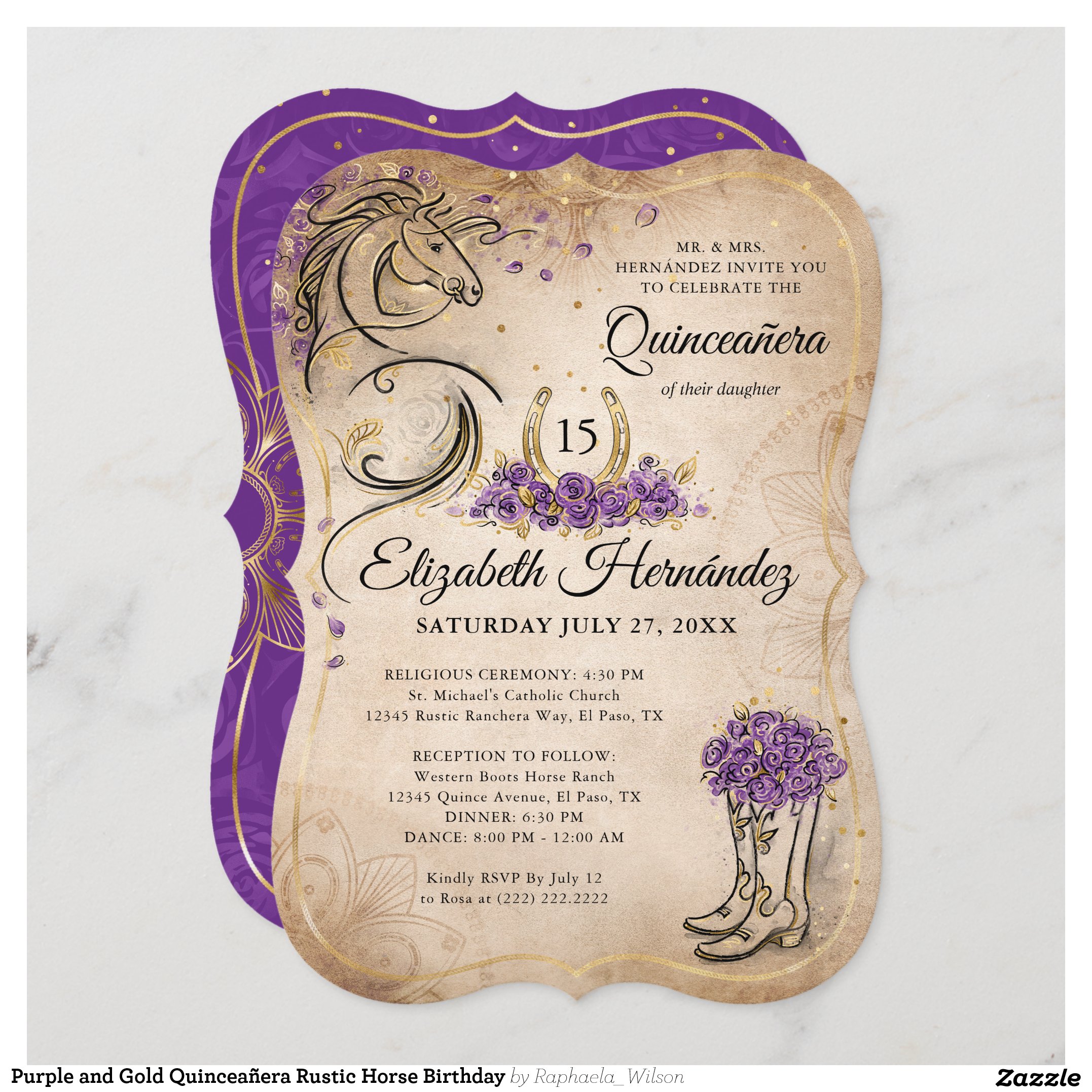 Purple and Gold Quincea?era Rustic Horse Birthday Invitation