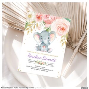 Purple Elephant Floral Flower Baby Shower Invitation