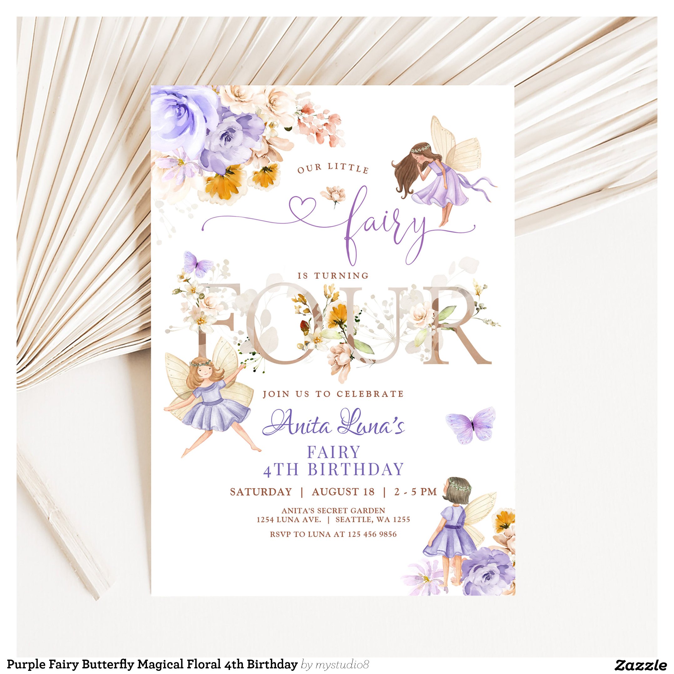 Purple Fairy Butterfly Magical Floral 4th Birthday Invitation