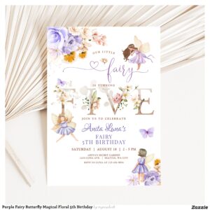 Purple Fairy Butterfly Magical Floral 5th Birthday Invitation