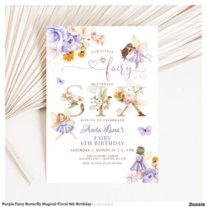 Purple Fairy Butterfly Magical Floral 6th Birthday Invitation