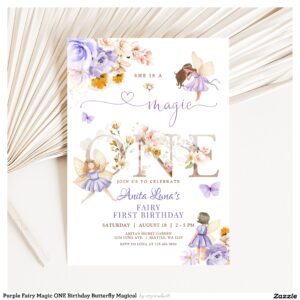 Purple Fairy Magic ONE Birthday Butterfly Magical Invitation