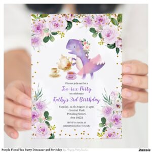 Purple Floral Tea Party Dinosaur 3rd Birthday Invitation