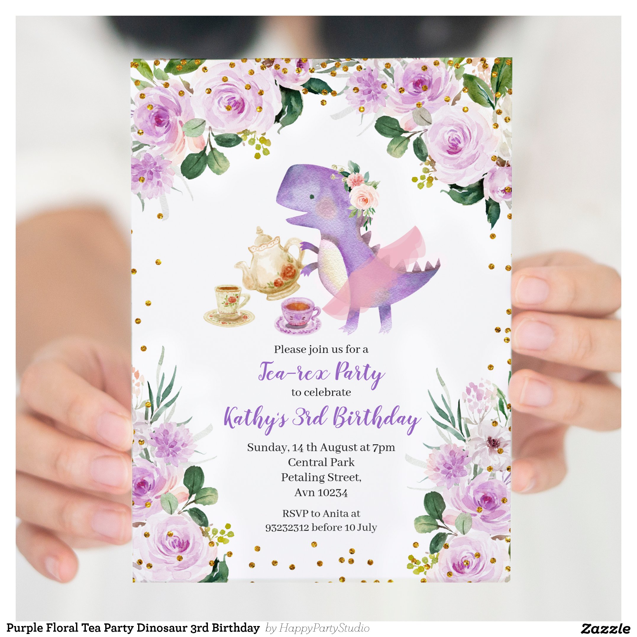 Purple Floral Tea Party Dinosaur 3rd Birthday Invitation