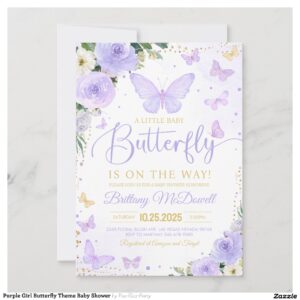 Purple Girl Butterfly Theme Baby Shower Invitation
