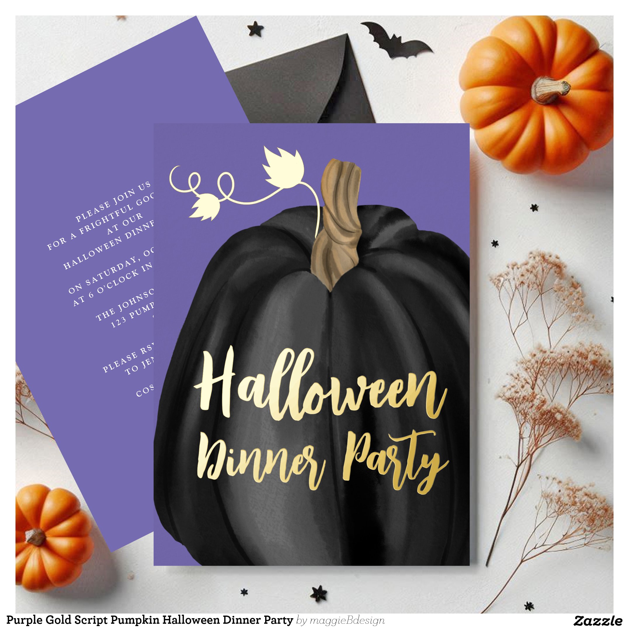 Purple Gold Script Pumpkin Halloween Dinner Party Foil Invitation