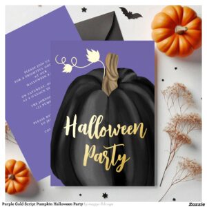 Purple Gold Script Pumpkin Halloween Party Foil Invitation