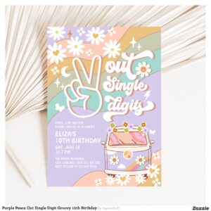 Purple Peace Out Single Digit Groovy 10th Birthday Invitation