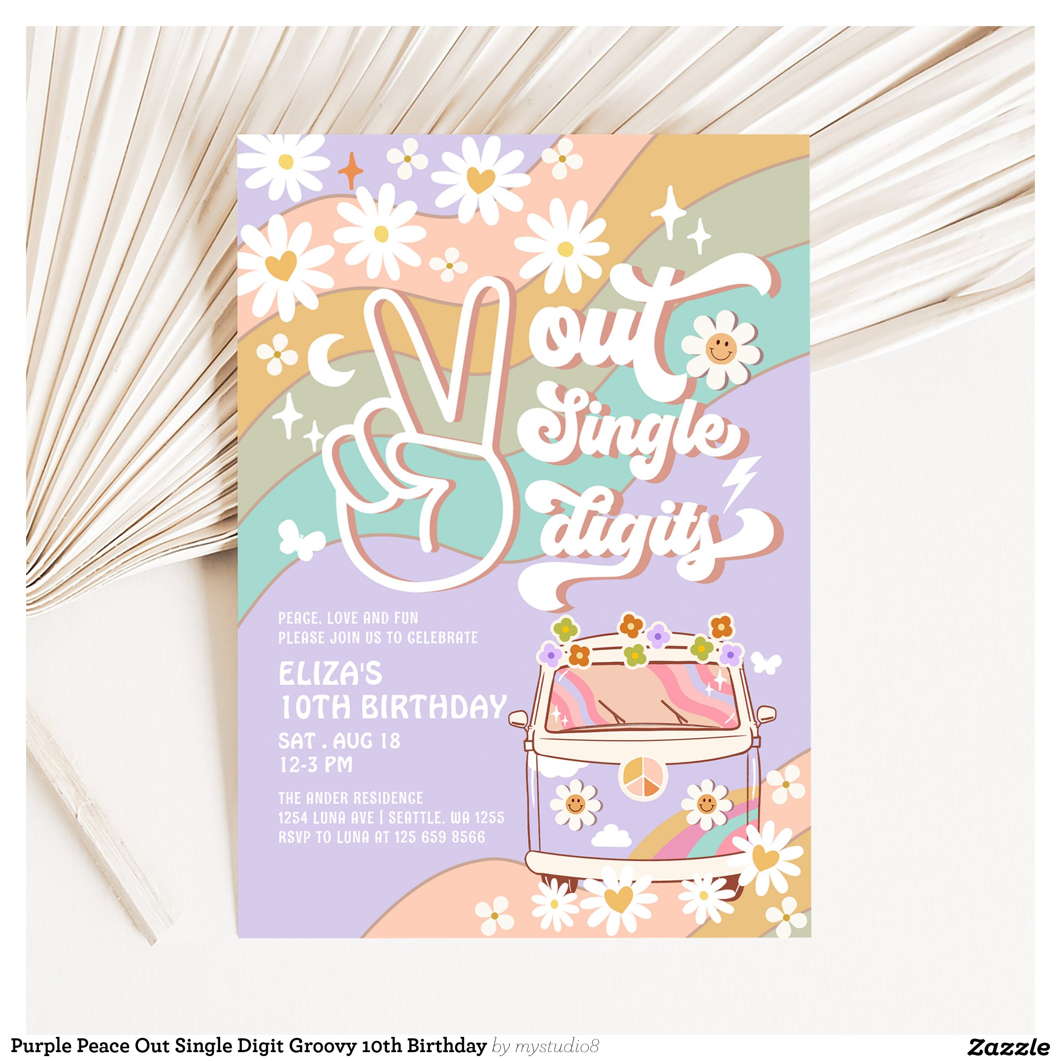 Purple Peace Out Single Digit Groovy 10th Birthday Invitation